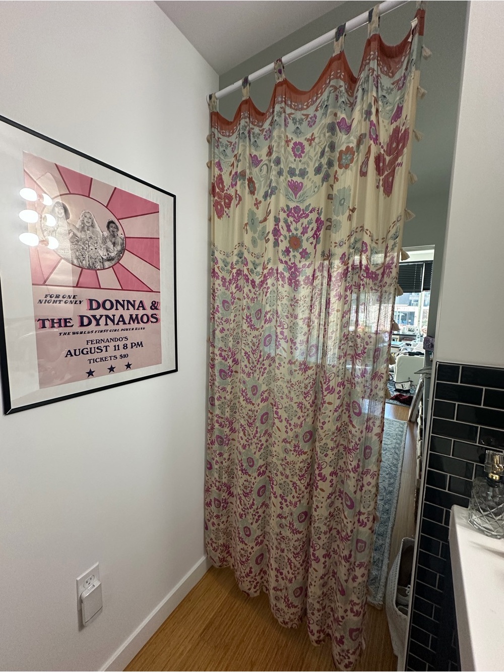 Boho Floral Curtain Panel in Cream and Pink